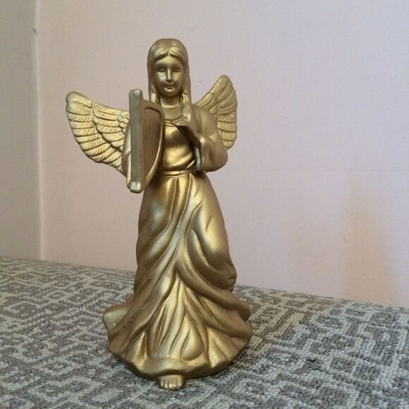 NWT NIB Golden Ceramic Christmas Angel w/Harp - Picture 1 of 8